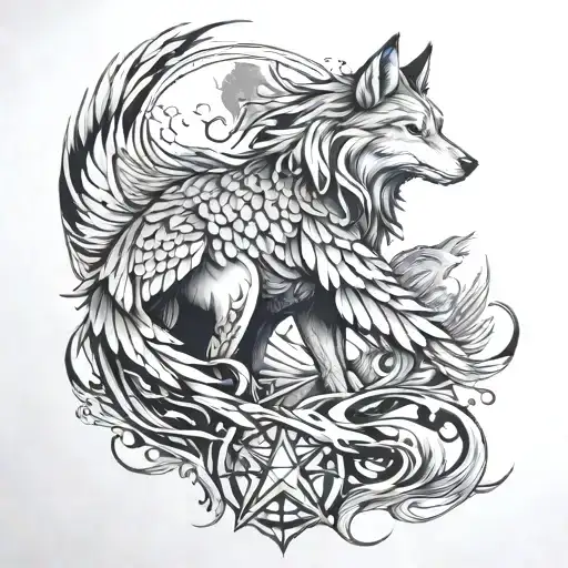 wolf, owl, phoenix rising tattoo design idea