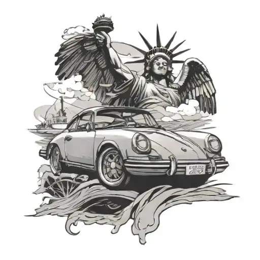 a vintage Porsche speeding down the road with a half skull Statue of Liberty in thevbackground tattoo design idea