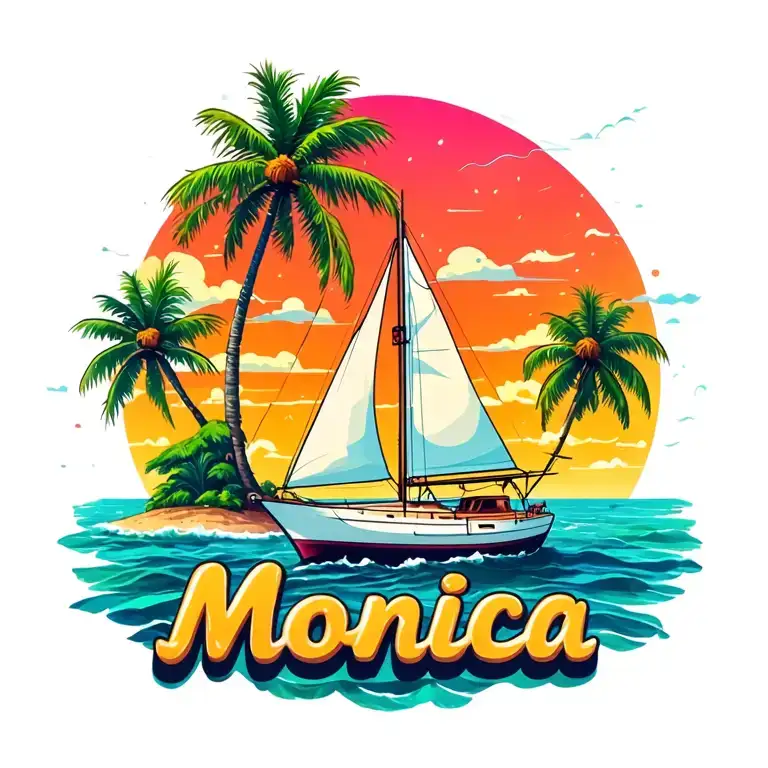 "Monica" "Monica" "Monica" "Monica" "Monica" foreground white sailboat, sunrise sky small background island with palm tree.  ocean vibrant colors, bubble letters tattoo design idea