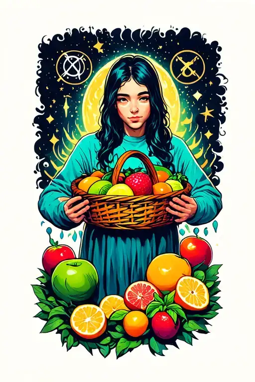A vibrant new-school tattoo featuring a person with telekinetic powers manipulating a fruit-filled basket with the zodiac symbols floating around them tattoo design idea