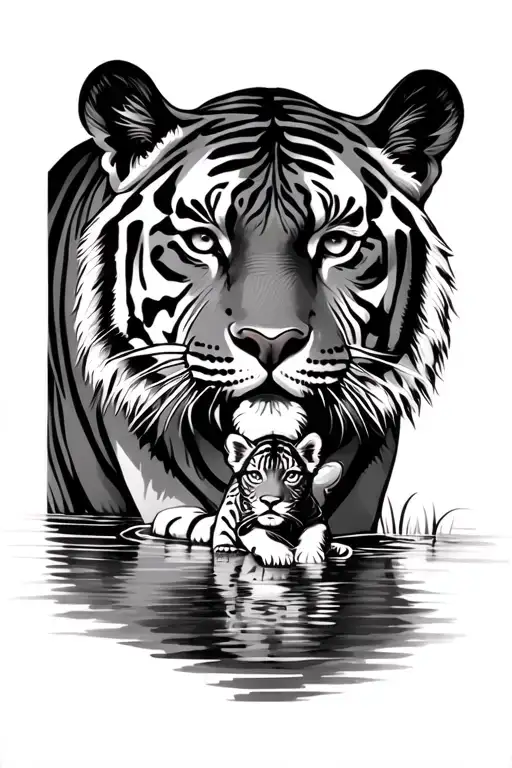 tiger with cub and lake tattoo design idea