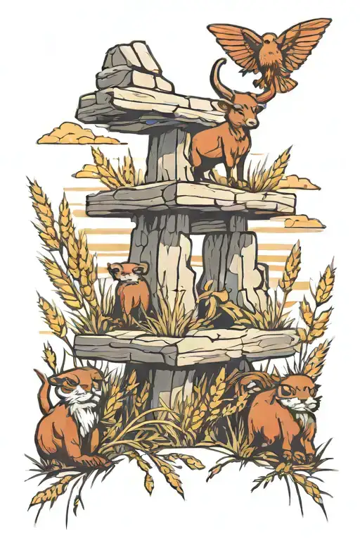 Inukshuk with a wheat field with a bull, chipmunk and a monkey tattoo design idea
