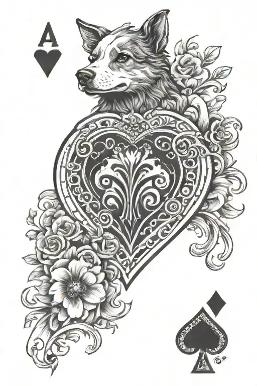 Ace of hearts card with paw dog print tattoo design idea