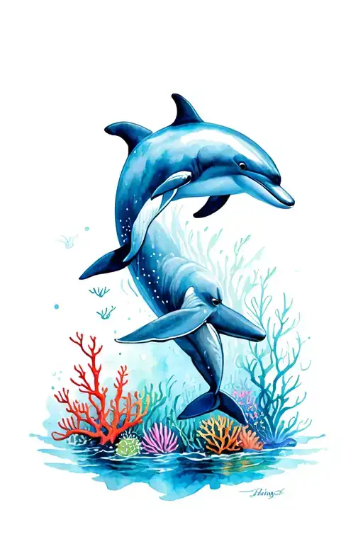 Marine life, different animals from the ocean, such as dolphins whales, combined with the coral reef tattoo design idea