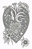 abstract design human heart, poppies, anemones, mushrooms, music, love and the letters J and C tattoo design idea