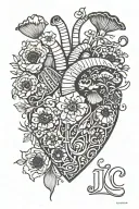 abstract design human heart, poppies, anemones, mushrooms, music, love and the letters J and C tattoo design idea