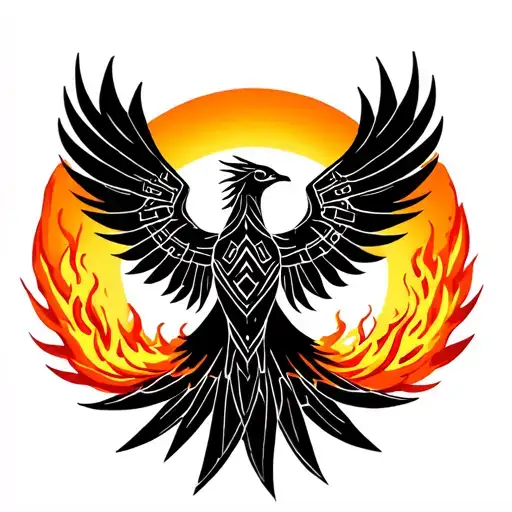A phoenix bird flying upwards towards the sun, beneath it flames of fire. blackwork style mixing egyptian style tattoo design idea