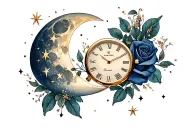 rose scroll watch moon stars tattoo design idea
