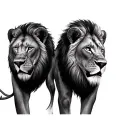 A medium-sized realistic tattoo design of a wounded lion's face, placed as a mirrored pair for both calves. The lion loo tattoo design idea