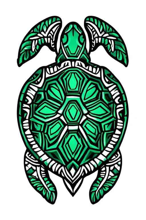 Polynesian sea turtle tattoo design, green sea turtle, traditional Polynesian patterns, bold black linework, clean geome tattoo design idea