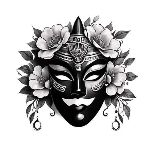 Egyptian femanine kabuki mask floral tattoo design idea
