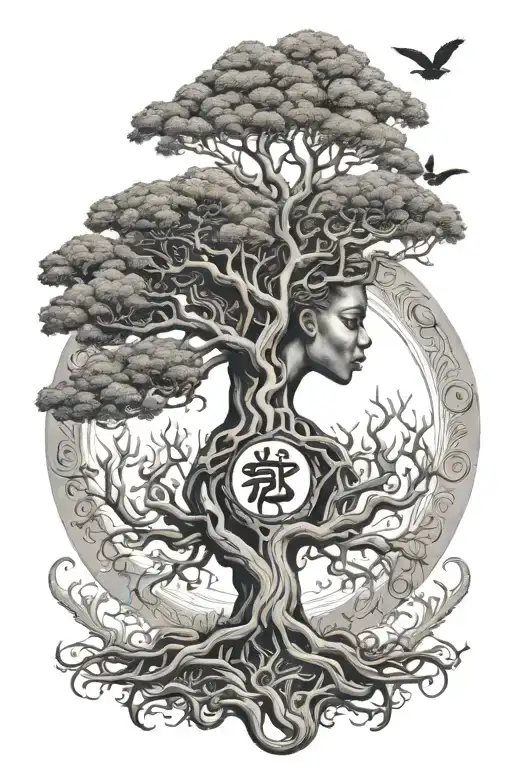 feminine African family tree with exaggerated roots, Capricorn zodiac sign  tattoo design idea