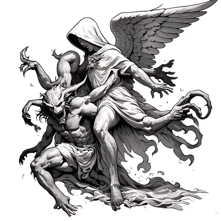 hooded arch angel defeating a demon tattoo design idea