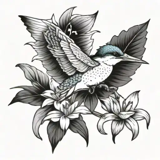 kingfisher and Lily flower tattoo design idea