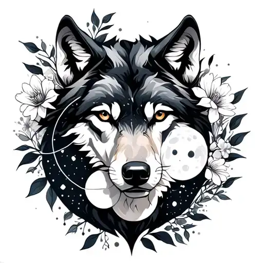 wolf, lunar phases, flowers, bull and balance constellation tattoo design idea