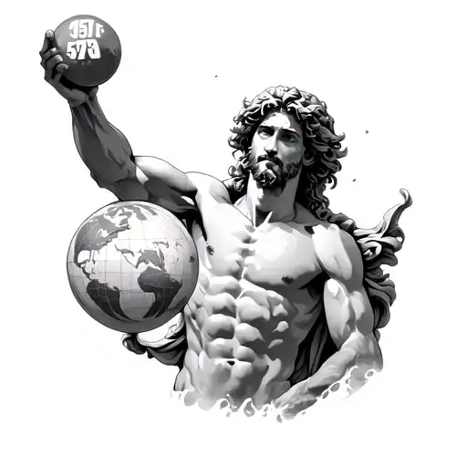greek myth atlas holding on his shoulders an empty globe with the numbers 571.39 tattoo design idea