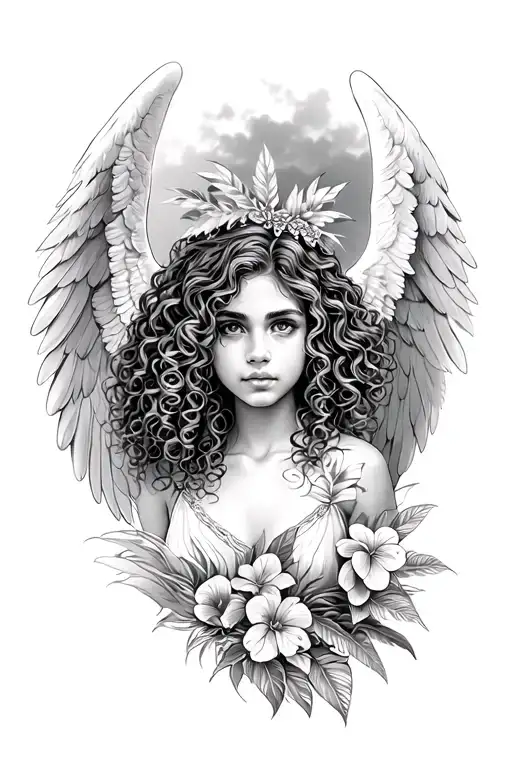 tropical curly hair guardian angel girl tattoo design idea