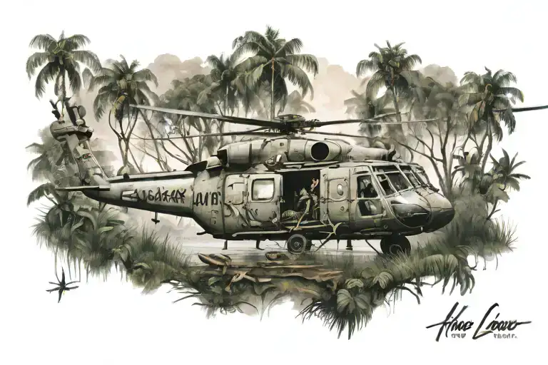 jungle around a helicopter sunk in a swamp, with the inscription make love don't war at the bottom tattoo design idea