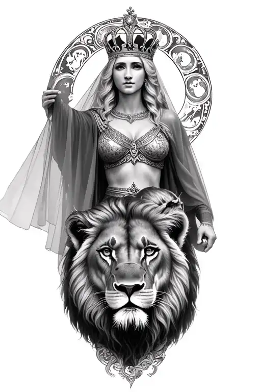 black & grey realism- greek goddess with light color hair, wearing crown lifting veil, 2 lion cubs and moon tattoo design idea