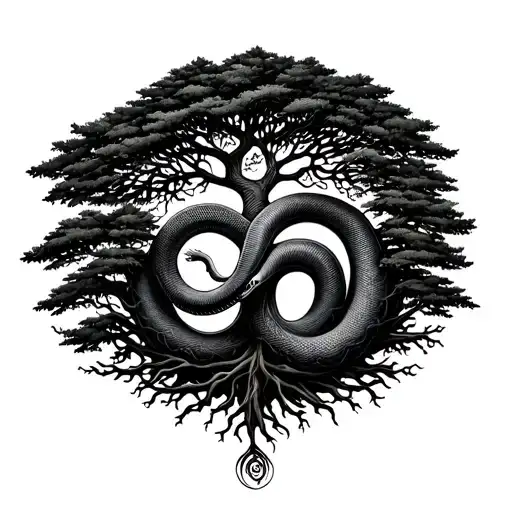 Evergreen tree of life with roots. Ouroboros snake eating tail surrounding it. Black tattoo design idea