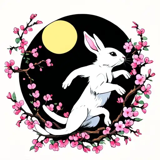 leaping white hare surrounded by pink cherry blossoms, yellow moon behind tattoo design idea
