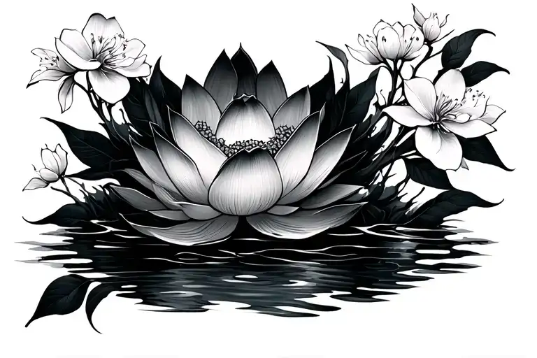 lotus flower, water and cherry blossoms going horizontally across the abdomen tattoo design idea
