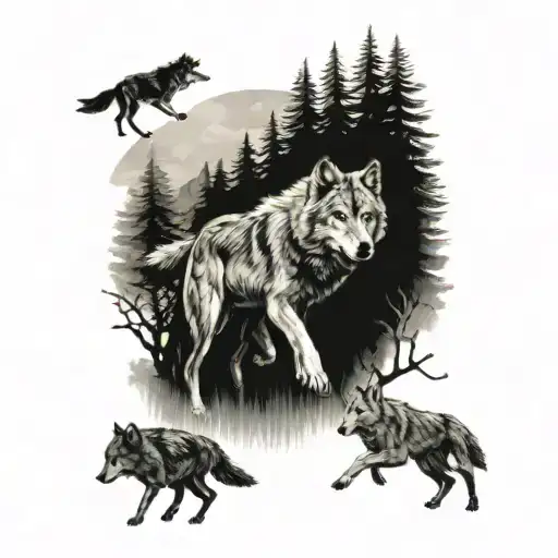 A lead wolf leading pack of wolves running through a forest representing grandkids tattoo design idea
