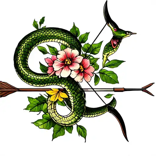 snake, bow and arrow intertwined green leaves and flowers tattoo design idea