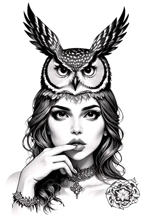 female with owl on head doing shh tattoo design idea