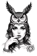 female with owl on head doing shh tattoo design idea