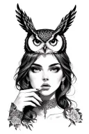 female with owl on head doing shh tattoo design idea