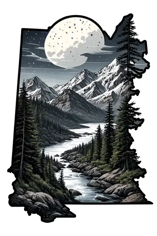 mountain rage and stream with a night sky within a state of maine outline tattoo design idea