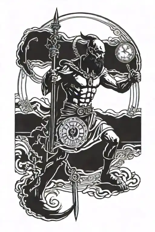 ancient Greek mythology, god of war, death tarot card, a clock tattoo design idea