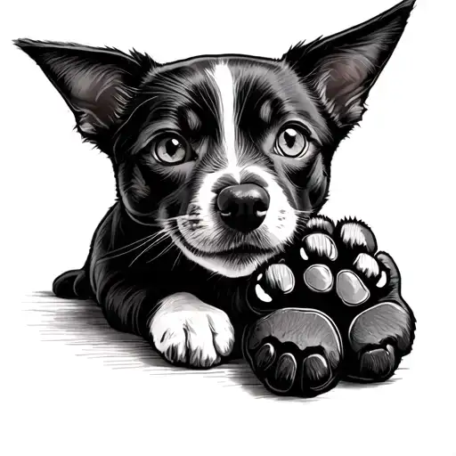 Draw a dog's paw, with the head of a staff style dog in the big central pad and cats in pets tattoo design idea