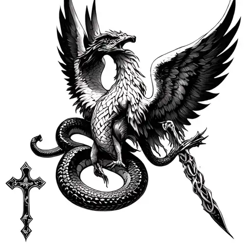 Phoenix combined with fallen angel, a snake and a cross tattoo design idea