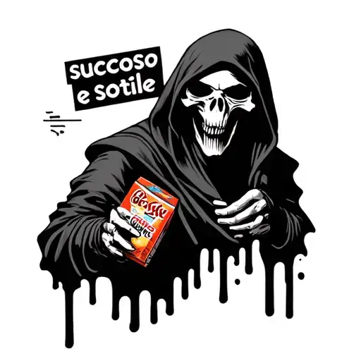 reaper holding a juice box what the words succoso e sottile tattoo design idea