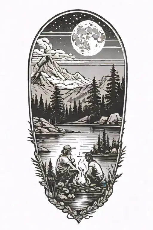 Man, woman, child, sitting at campfire overlooking lake. Trees, mountains, moon in background. Cabin on the shore tattoo design idea