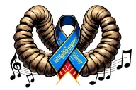 colon cancer ribbon with NRL knights logo and music notes tattoo design idea