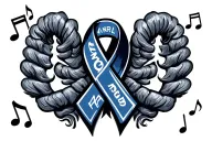 colon cancer ribbon with NRL knights logo and music notes tattoo design idea