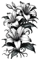 vertically aligned Lily flowers with flowy vines and leaves  tattoo design idea