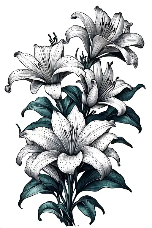 vertically aligned Lily flowers with flowy vines and leaves  tattoo design idea