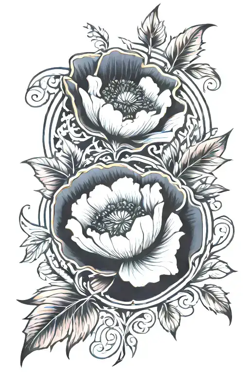 art deco ornamental red  poppy blooming, surrounded by ornamental art deco vines and more art deco elements  tattoo design idea