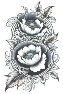 art deco ornamental red  poppy blooming, surrounded by ornamental art deco vines and more art deco elements  tattoo design idea