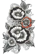 art deco ornamental red  poppy blooming, surrounded by ornamental art deco vines and more art deco elements  tattoo design idea