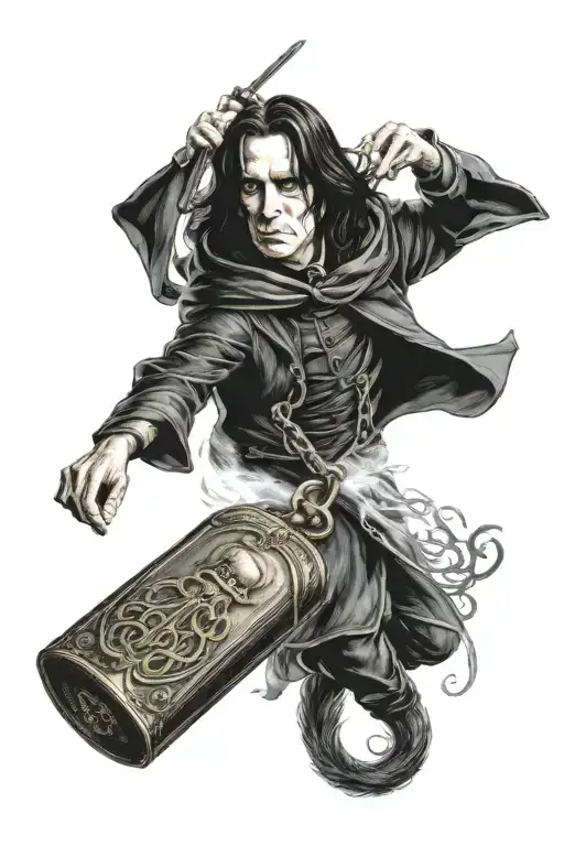 SEVERUS SNAPE CASTING SPELL, HOGWARTS UNDER ATTACK BY DEATH EATERS, HORCRUX LOCKET tattoo design idea