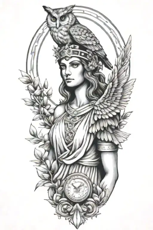 athena greek goddess with owl and parthenon and olive branch tattoo design idea