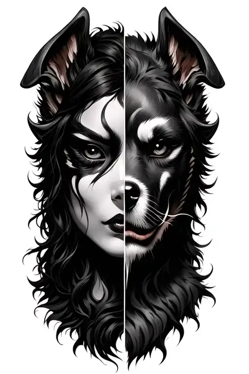 Split oni mask with dogs. The result will be a half mythical beast split with a woman in the middle tattoo design idea