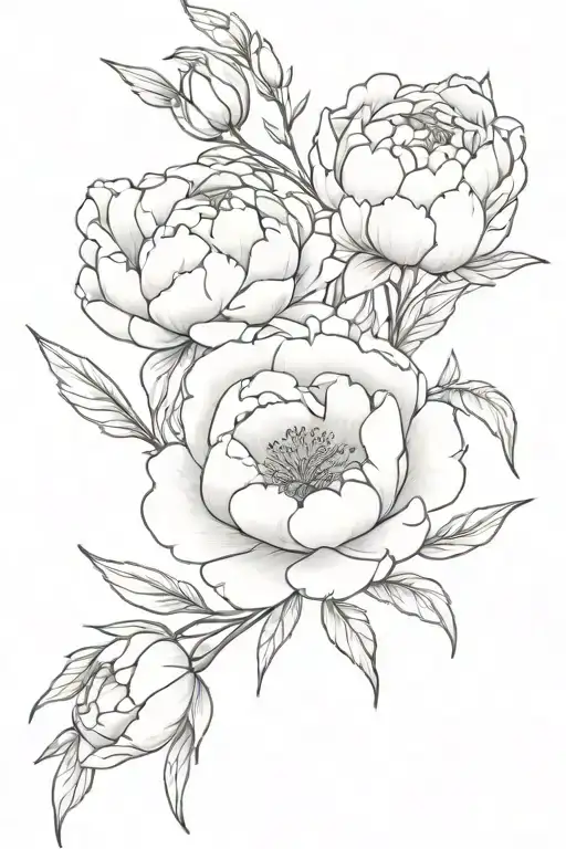 flower bouque of peony twigs, rose twigs, heather twigs drawn together.  tattoo design idea