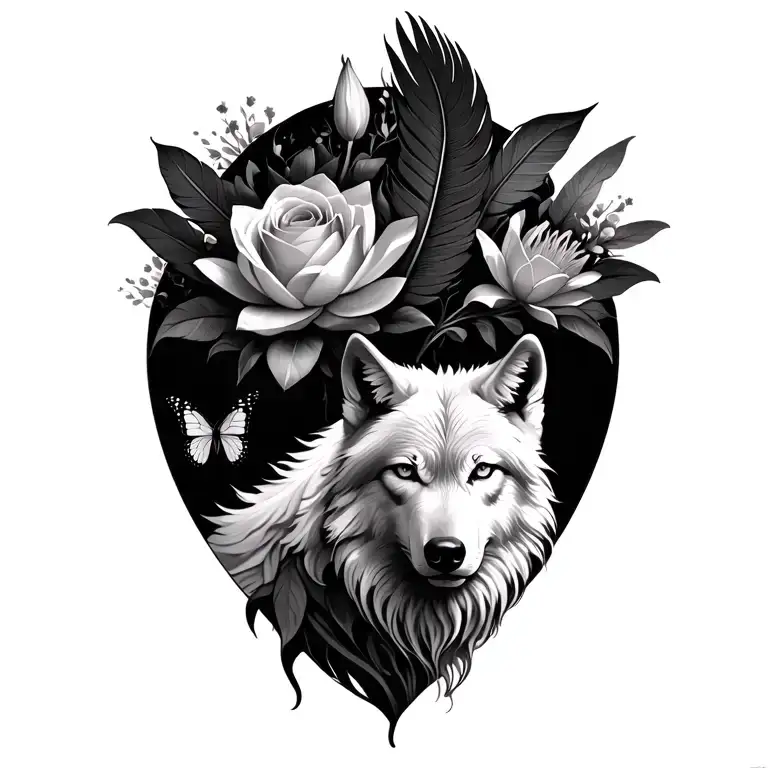white wolf, roses, phoenix feather, lilies and lotuses and butterflies tattoo design idea
