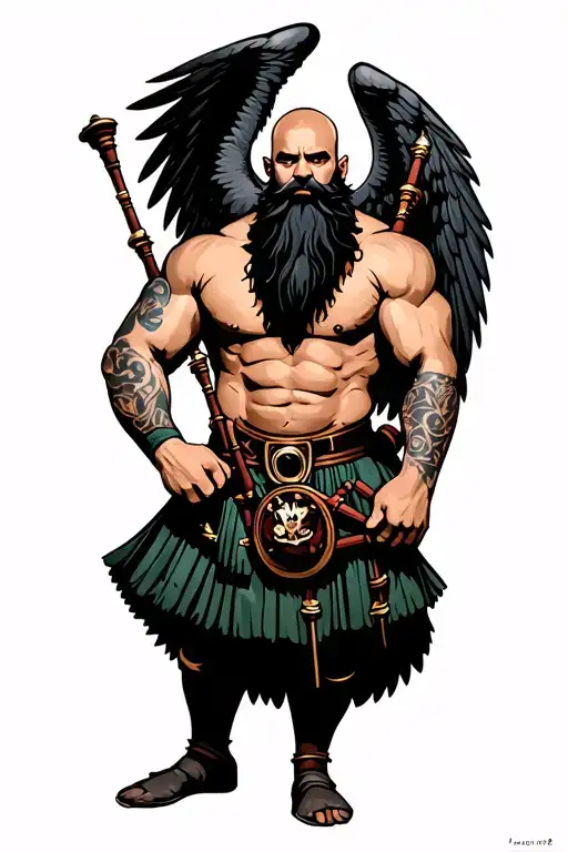 bagpipes in left arm bald shirtless muscular bagpiper black beard with two huge black wings  tattoo design idea